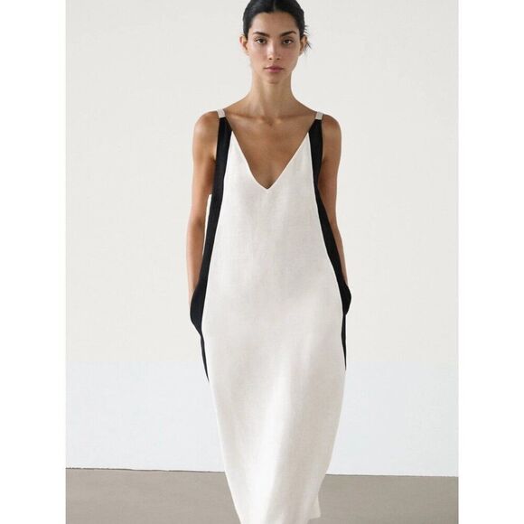 Massimo Dutti Womens Midi Dress XS White Black Linen Sleeveless 6698/231 NWT Massimo Dutti Womens Midi Dress XS White Black Linen Sleeveless 6698/231 NWT